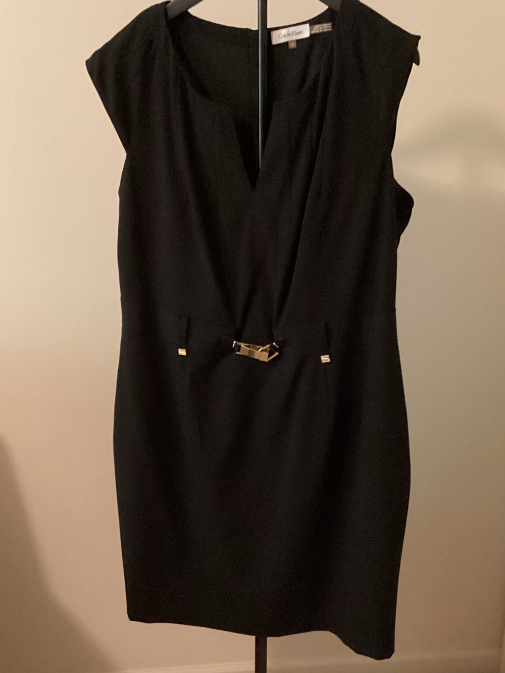 Calvin Klein Black Midi Sheath Dress with Gold Hardware